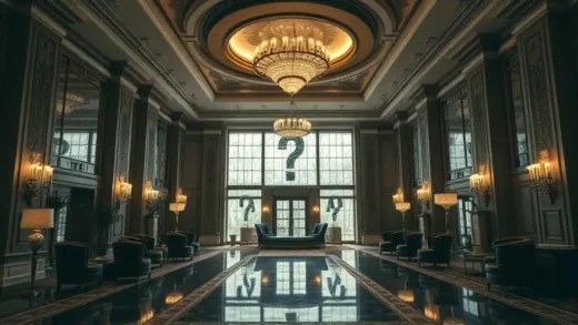 A thought-provoking image of a luxurious hotel lobby with a subtle hint of melancholy or emptiness, perhaps a contrast between opulence and a sense of unease. The setting should evoke both grandeur and a question mark. Dynamic lighting, realistic style.