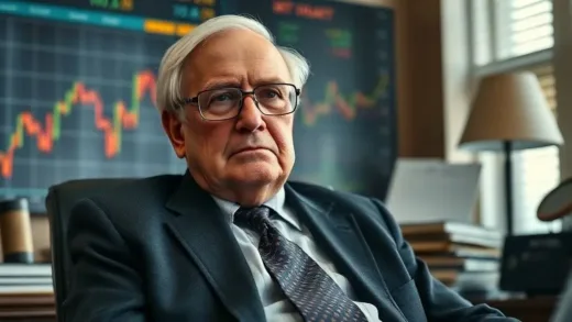 Warren Buffett, sitting in his office, looking thoughtful and concerned. The background shows stock market charts with a downward trend. A subtle aura of wisdom and experience surrounds him. Cinematic, realistic.
