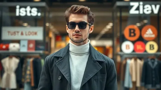 A stylish person in modern, subtly branded clothing, with a blurred background of an old, heavily logoed fashion store, symbolizing a shift from old to new.