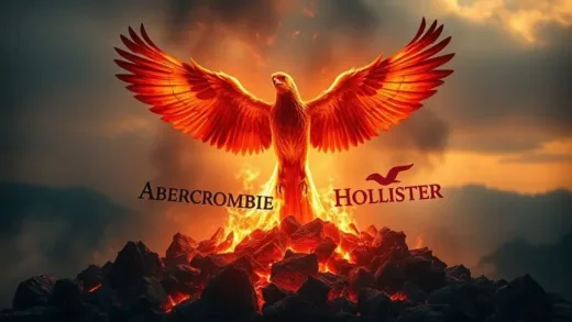A dramatic visual of a phoenix rising from ashes, with brand logos of Abercrombie & Fitch and Hollister subtly incorporated, symbolizing a major brand revival and comeback.