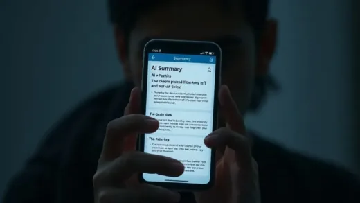 A person looking at a smartphone screen with an AI summary, with a subtle shadowy figure (representing the hidden truth) in the background. The mood is a bit mysterious and thought-provoking.