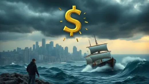 A dramatic image of a storm over a city with a currency symbol falling, a worried person looking at a chart, and a large ship (representing the economy) battling waves.