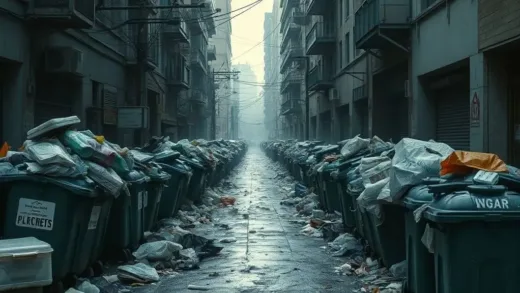 A dystopian city street filled with overflowing garbage bins and waste, with a sense of chaos and neglect. Dark and gritty atmosphere.