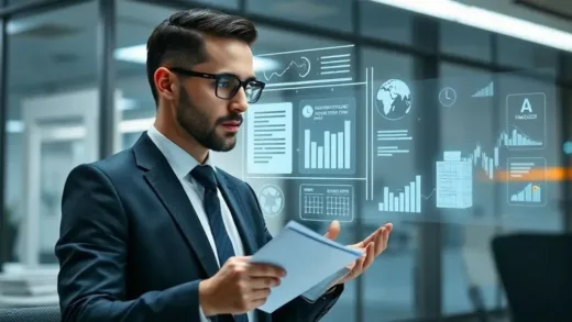 A sleek, futuristic office worker interacting with a holographic AI agent that projects business documents and financial models, illustrating efficiency and high-level strategy.