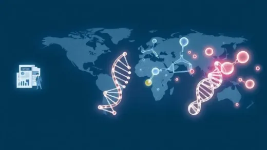 A stylized image showing the evolution of a company from a consulting firm (represented by documents, charts) transforming into a modern biotechnology company (represented by DNA helix, lab equipment, glowing molecules, and a global map in the background), with a subtle hint of salmon or marine elements.