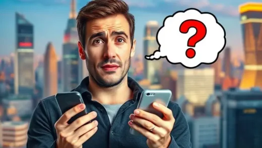 A person looking confused while holding a phone with stock charts, with a thought bubble showing volatile stock market movements and a question mark. The background is a vibrant, modern city scape.
