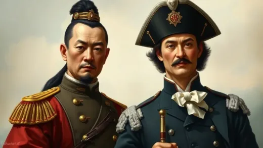 An artistic rendering comparing two naval admirals from different eras, one Asian (Yi Sun-sin) and one European (Nelson), with an emphasis on their moral character rather than just military prowess. Yi Sun-sin appears stoic and noble, while Nelson is more flamboyant. The background subtly suggests their respective cultural contexts.