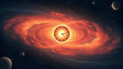 Illustration of the early universe, a dense, hot point expanding outwards, with a clock turning backwards, cosmic dust and gas clouds forming.