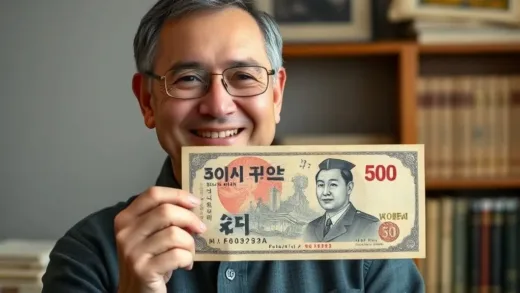 A warm, engaging portrait of Professor Mark Peterson, smiling, holding an old Korean 500-won bill featuring Admiral Yi Sun-sin. The background subtly hints at Korean traditional elements or books.