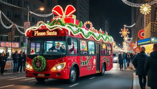 A beautifully decorated Santa bus driving through a festive street in Busan at night, surrounded by happy people and bright Christmas lights, capturing a magical and cheerful atmosphere.