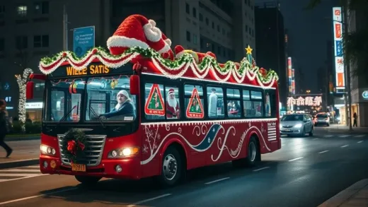 A beautifully decorated Santa bus in Busan, South Korea, driving through city streets at night, lights twinkling, with a slightly somber mood indicating a pause in tradition.