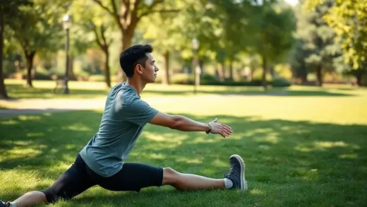 A person stretching before a run in a sunny park, looking contemplative and ready for an enjoyable experience.