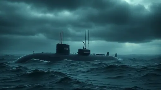 A haunting image of a Soviet-era nuclear submarine, K-172, partially submerged in dark, turbulent waters under a stormy sky, with a subtle, ominous green glow emanating from within, hinting at a hidden danger.