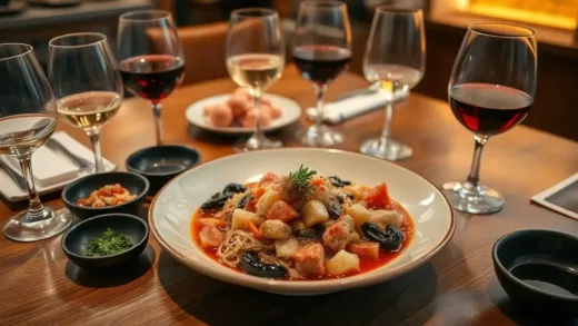 A beautifully plated Korean gan장gejang dish with various wine glasses around it on a wooden table, in a warm, inviting setting. Soft, artistic lighting emphasizes the rich colors of the food and drinks. The scene evokes a sense of culinary exploration and sophisticated dining.