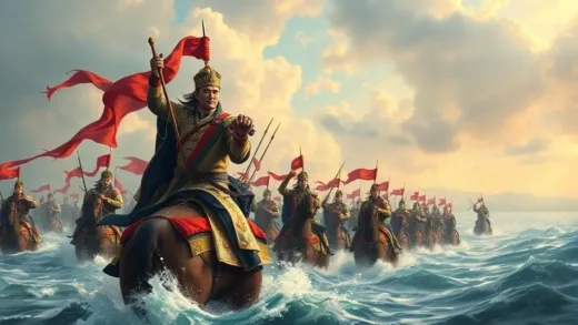 A majestic historical painting of Admiral Yi Sun-sin leading his fleet, with a subtle blend of traditional Korean art and modern heroic depiction. The scene should convey strength and leadership.