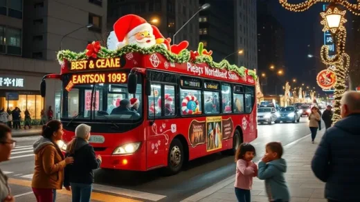 A festive Santa bus driving through a city street at night, adorned with Christmas lights and decorations, with happy families and children looking at it from the sidewalk, capturing the joyful spirit of Christmas in Busan.