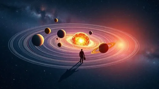 A vibrant illustration of the solar system, with planets orbiting the sun, and the entire solar system is depicted as a traveler on a grand journey, orbiting the distant, glowing core of the Milky Way galaxy. Emphasize motion and cosmic scale.