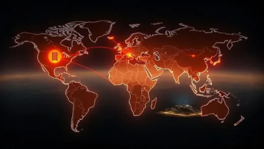 An abstract world map glowing with energy lines connecting various remote locations like a data center, a mine in a desert, and a military base on an island, symbolizing widespread power access.