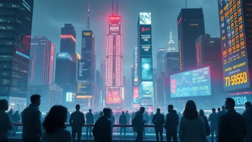 A futuristic cityscape with glowing stock market tickers, representing the concept of predicting future events. People are looking at holographic screens with various events like election results, weather, and financial data.