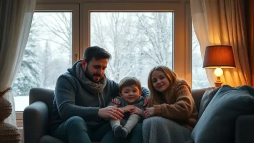 A family huddled together in a warm room, a winter scene outside the window, with a subtle glow of warmth inside. The family looks relieved and comfortable.