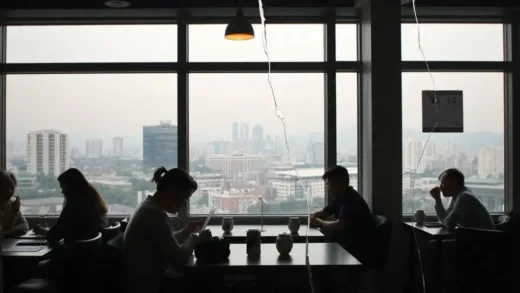 A cozy cafe in Seoul on a Monday afternoon, people working on laptops and chatting, a cityscape visible through the window, with a subtle, almost invisible ripple or crack effect on the scene, suggesting underlying tension.