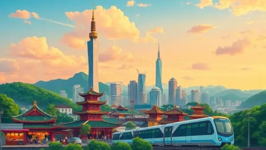 A vibrant illustration of Taipei, showcasing its iconic landmarks like Taipei 101, traditional temples, bustling night markets with food stalls, lush green mountains, and a modern MRT train, all under a warm, inviting sky. The overall feeling should be exciting and welcoming for travelers.