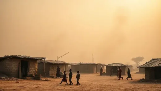A poignant image depicting the stark reality of poverty in a sub-Saharan African village, with children playing amidst simple dwellings, and adults engaged in subsistence activities. The sky is vast and dusty, emphasizing the harshness of the environment, yet there's a subtle hint of human resilience.
