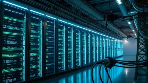 A futuristic, sleek AI data center with glowing blue and green lines representing energy flow, juxtaposed with old, bulky power cables, illustrating the contrast between advanced AI and outdated power infrastructure.