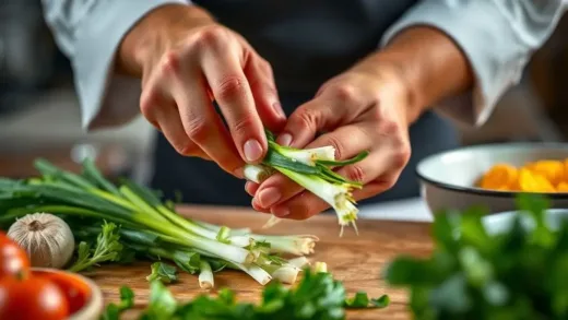 A close-up of a chef's hands masterfully preparing green onions, surrounded by other cooking ingredients in a blurred background, dynamic studio lighting, high resolution.