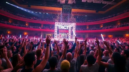 A vibrant concert hall filled with enthusiastic fans of all ages, waving light sticks and cheering during a trot performance. Confetti is gently falling, and the stage lights are dazzling.