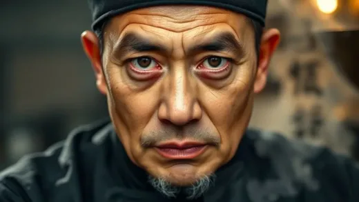 A dramatic close-up of a legendary Chinese chef with intense eyes, a wok blurred in the background, steam rising, conveying experience and wisdom.