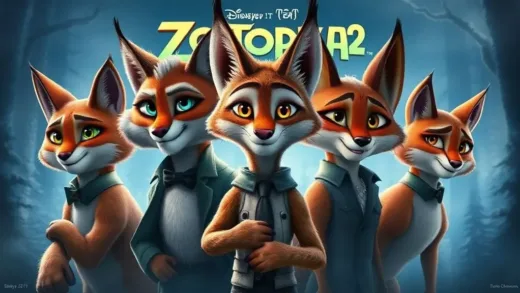 A captivating movie poster for Zootopia 2, focusing on the mysterious and powerful Lynxley family, with elements suggesting both their cat-like appearance and their true nature as fierce Canadian lynx. The poster should hint at their role as antagonists and the secrets behind their species.