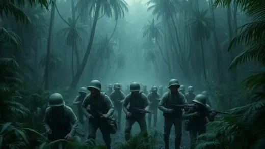 A dramatic, chaotic scene of a dense, dark jungle with torrential rain, showing exhausted and desperate soldiers struggling to move forward. Emphasize the harsh environment and the sense of impending doom.