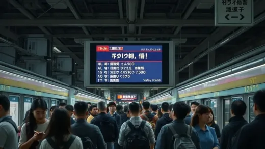 A bustling Tokyo train station at night, with a large digital signboard showing train delays or cancellations due to a natural disaster. People look concerned, some are on their phones, while others queue for information. The scene should convey a sense of unexpected disruption and confusion, with a subtle overlay of resilience.