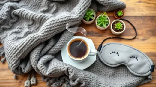 A vibrant flat lay of a steaming coffee cup, a cozy blanket, a sleep mask, and small plants on a wooden table, symbolizing balance and wellness.