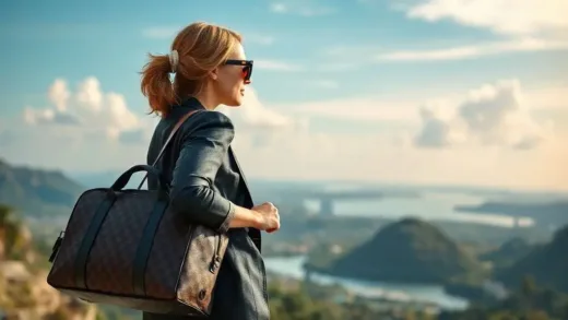 A stylish person holding a luxury travel bag, looking out at a beautiful, exotic landscape, conveying a sense of adventure and refined experience rather than just possession. The scene should be modern and elegant.