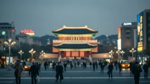 Gwanghwamun Square in Seoul, with a blend of traditional Korean architecture like Gyeongbokgung Palace in the background and modern, slightly blurred city lights in the foreground, suggesting a subtle, recent change. The atmosphere is intriguing and slightly mysterious, inviting viewers to discover what's new. Focus on the contrast between old and new without revealing the billboards explicitly.