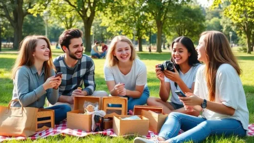 A diverse group of Gen Z friends enjoying a picnic with homemade lunchboxes in a sunny park, laughing and taking photos with a vintage film camera. The scene should convey warmth, authenticity, and a blend of modern youthful energy with analog activities.