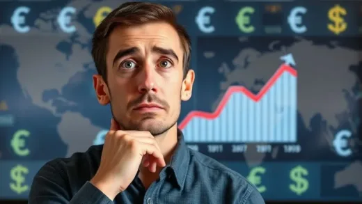 A person looking puzzled at a rising exchange rate chart on a screen, with a backdrop of global currency symbols, illustrating economic confusion.