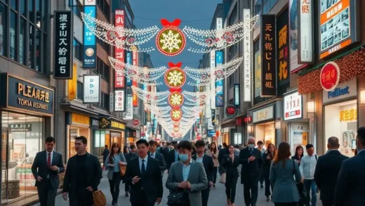 A bustling street in Tokyo during Christmas season, with festive lights but people in business attire heading to work, contrasting with joyful decorations.