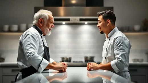 A dynamic shot of two chefs, one older and one younger, facing each other across a pristine kitchen counter, with dramatic lighting, implying a high-stakes cooking competition.