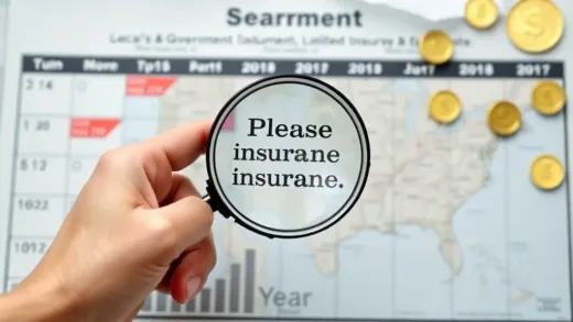 A person holding a magnifying glass over a map, symbolizing searching for local government insurance information. The background shows a calendar with highlighted year-end/new-year dates and money symbols.