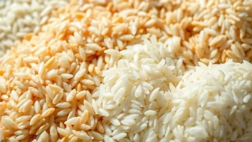 A close-up shot of various types of premium rice grains, beautifully displayed with subtle lighting, hinting at diversity and quality. Focus on textures and colors of different rice types. Elegant and modern aesthetic.