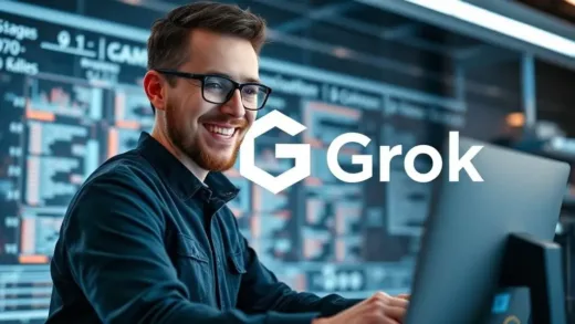 Futuristic AI development environment with Grok logo, showcasing speed and innovation. A developer is smiling while working on a screen, with data flowing in the background.