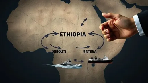 A dramatic map highlighting Ethiopia as a landlocked country, with arrows pointing to the sea and neighboring countries Djibouti and Eritrea. Show the frustration and economic dependency, perhaps with cargo ships being controlled by a smaller hand. A somber, geopolitical tone, showing the African continent.