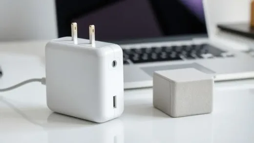 A modern, sleek, compact laptop charger next to an old, bulky, brick-like charger, emphasizing the size difference. The background is a tidy desk with a laptop. Bright, clean, technological aesthetic.