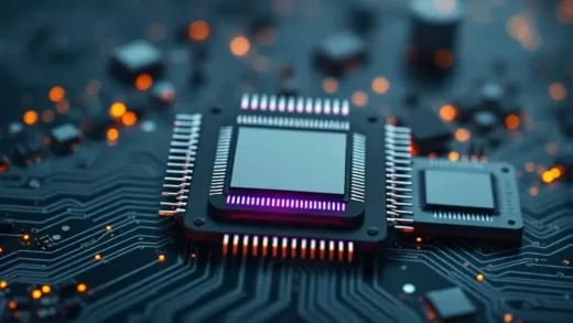 An abstract image depicting a semiconductor chip with subtle hints of growth and innovation, contrasting with larger, more established chips, illustrating a dark horse in a competitive market.