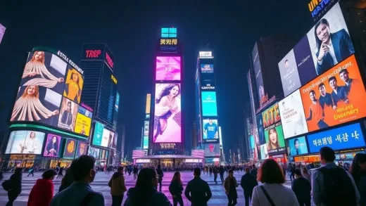 A vibrant, futuristic view of Gwanghwamun Square at night, adorned with large, colorful digital billboards displaying dynamic content, reminiscent of New York's Times Square. People are admiring the illuminated buildings.