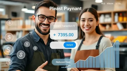 A digital payment interface showing instant transaction completion, with a smiling merchant and customer. Overlay digital currency symbols and a graph indicating reduced fees.