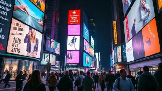 A bustling city street at night, illuminated by large, vibrant LED billboards displaying diverse advertisements. People are walking by, some looking up at the screens. The overall mood is dynamic and modern.